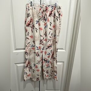 Linen Blend Pull On Pants Drawstring Elastic Waist Floral Tropical Women’s XL